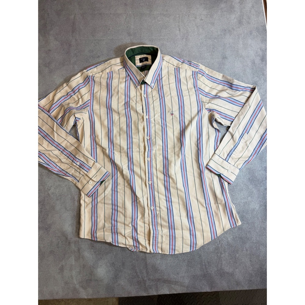 Gant Mens XXL Striped Cotton Oxford Button Down Shirt Tan Blue Red Made in USA